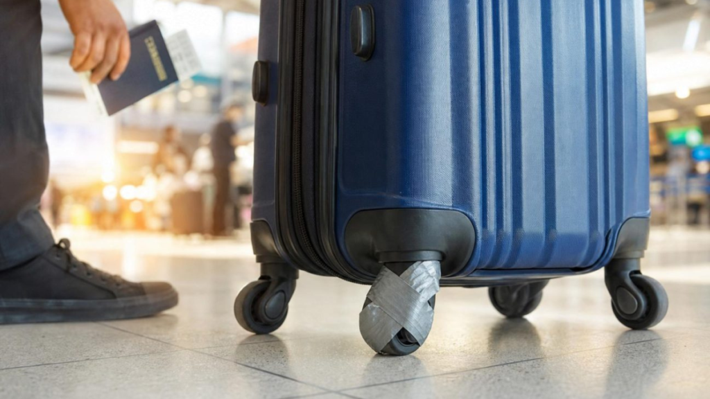 Avant chaque vol, il entoure les quatre roulettes de sa valise de ruban adhésif à l’arrivée, l’astuce fait toute la différence